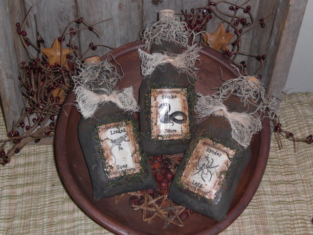 grungy prim halloween witch potion bottles